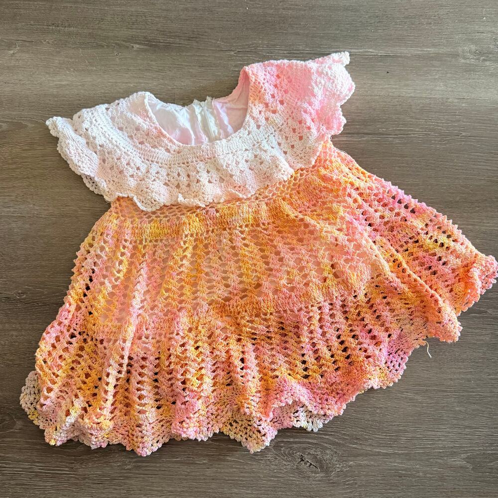 Pink White Orange Ombre Handmade Crochet Dress Size 12 Months